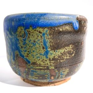 handmade pottery bowl pot signed Wendy Lau textured blue green brown earth tones